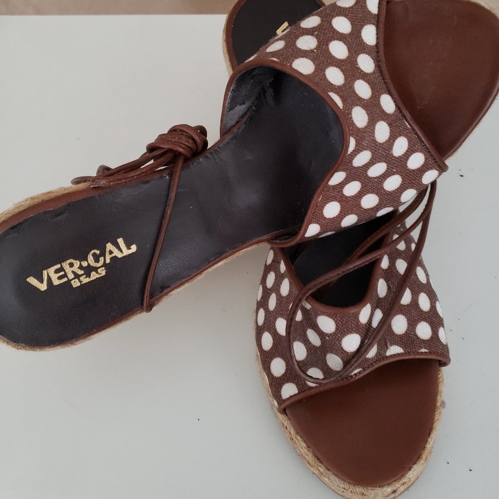 VER-CAL WEDGE SPADRILLES BROWN W/WITHEC POLKA DOTS SANDALS SZ 40
